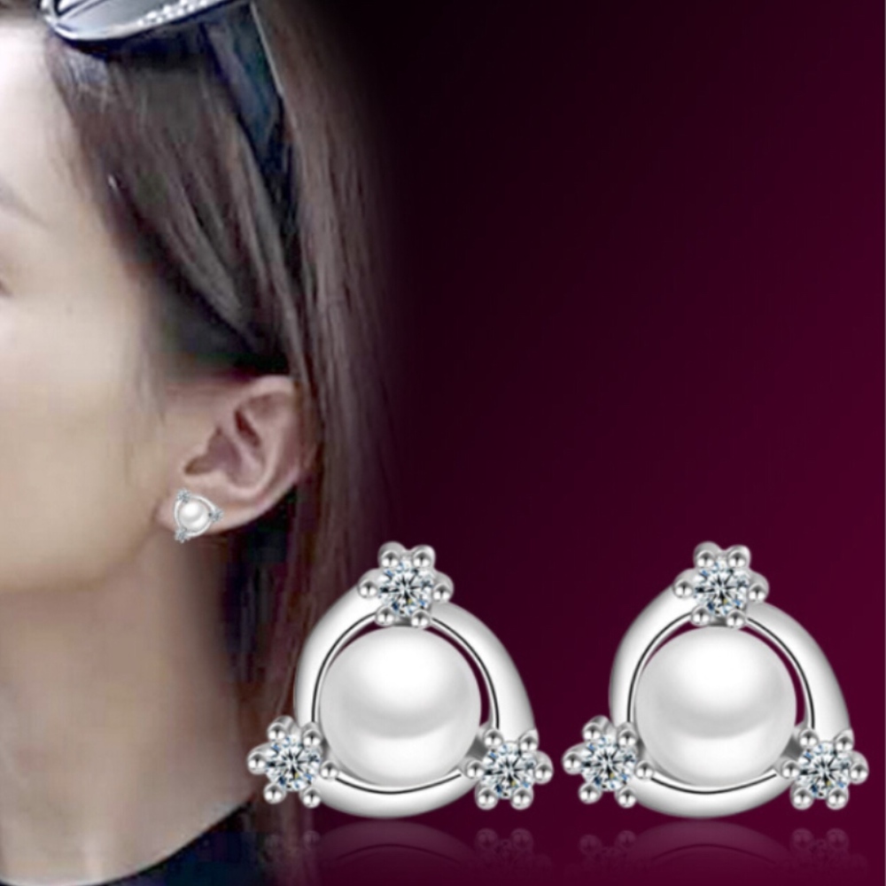 Crystal Trinity Round White Pearl Stud Earrings - Picture 1 of 6